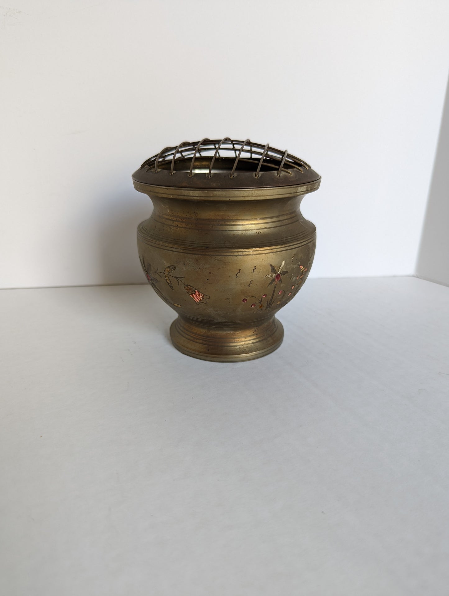 Engraved Brass Floral Frog Vase