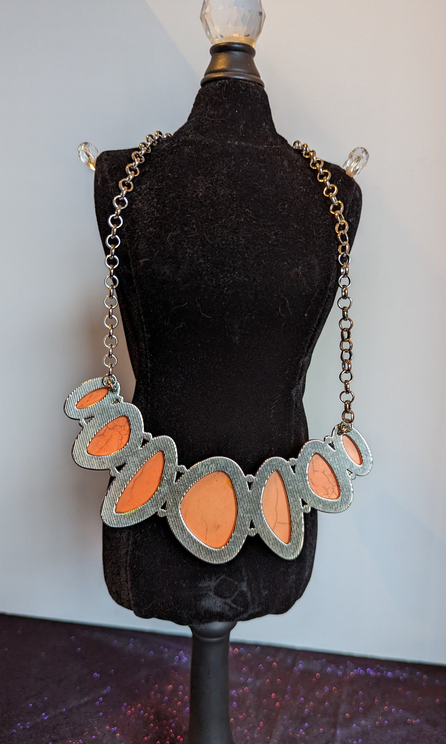 Statement Necklace Salmon Colored Stones w/Silver