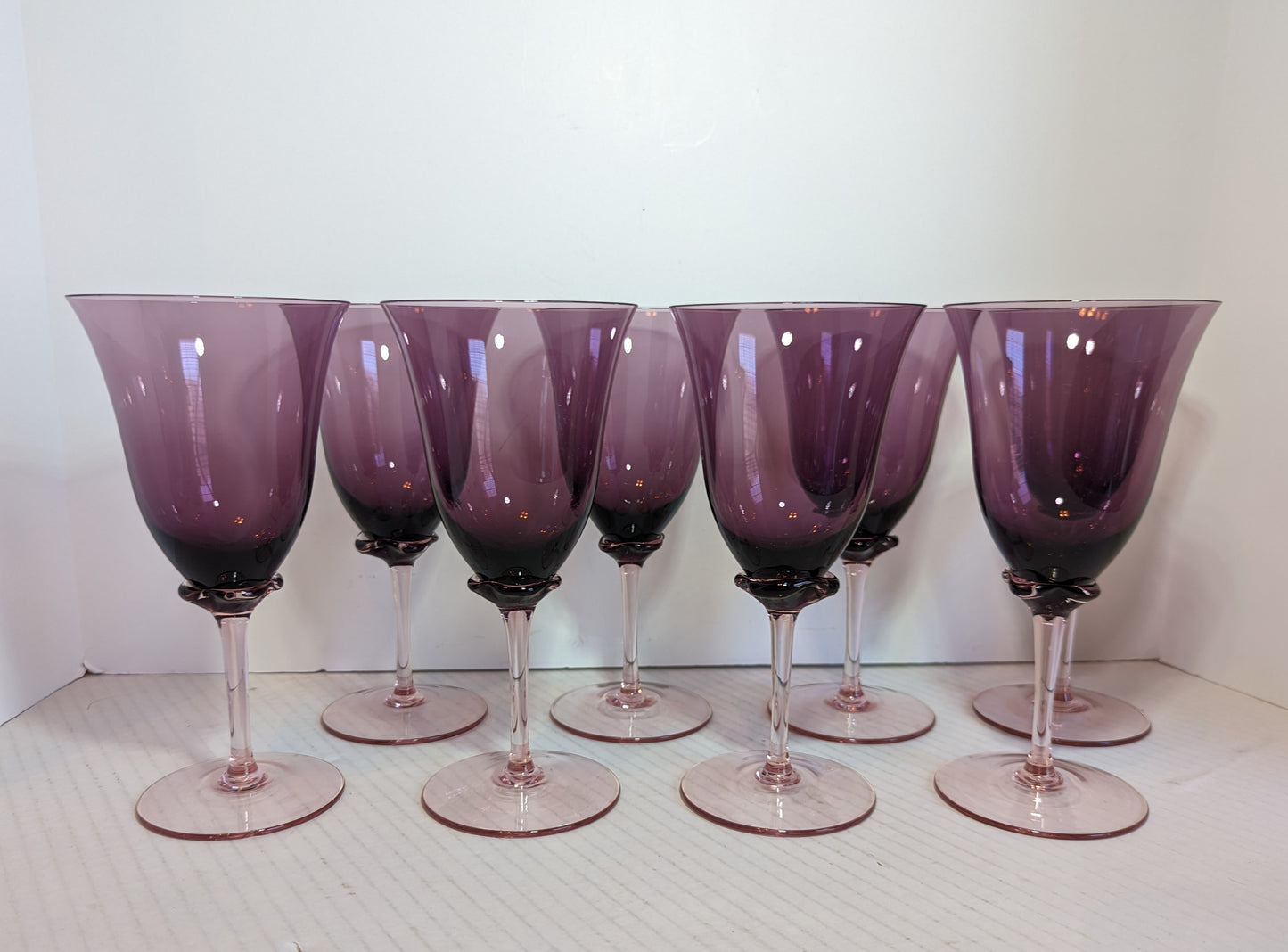 Vintage Murano Amethyst/Pink Stem Glasses (8)