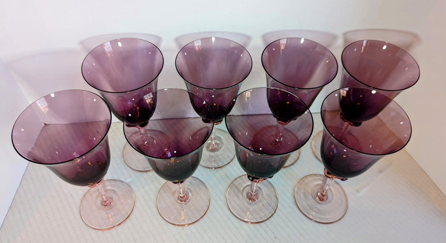 Vintage Murano Amethyst/Pink Stem Glasses (8)