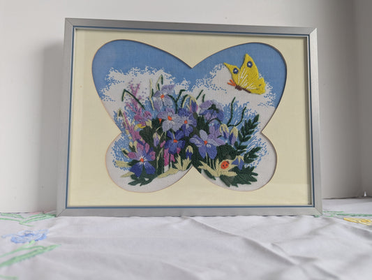 1975 Framed Erica Wilson Crewel of Butterfly in Flight