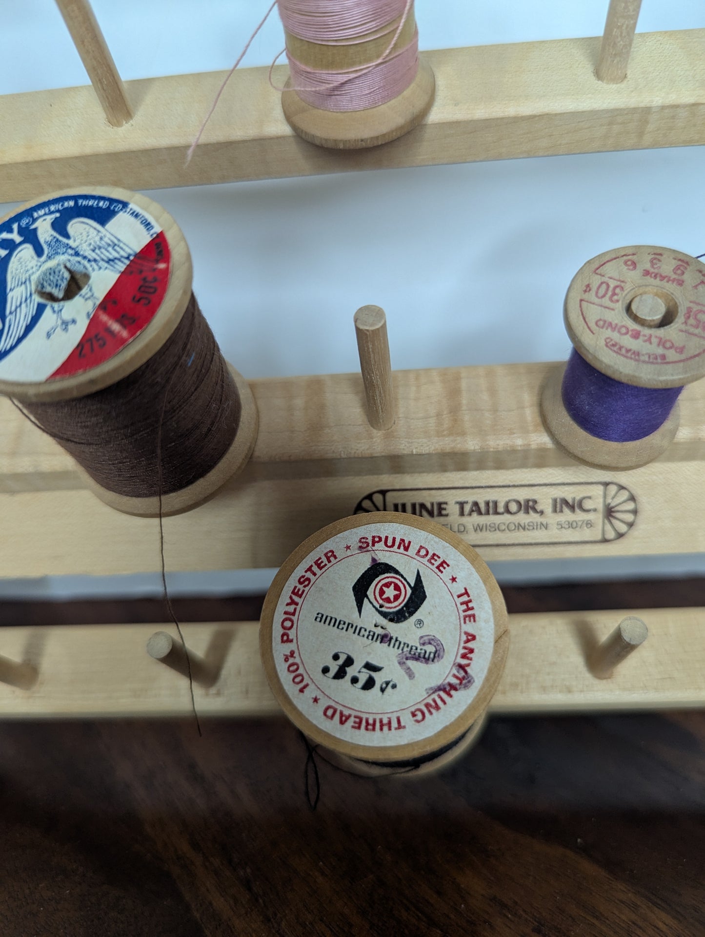 June Tailor Wooden Thread Stand with Vintage Wooden Thread Spools