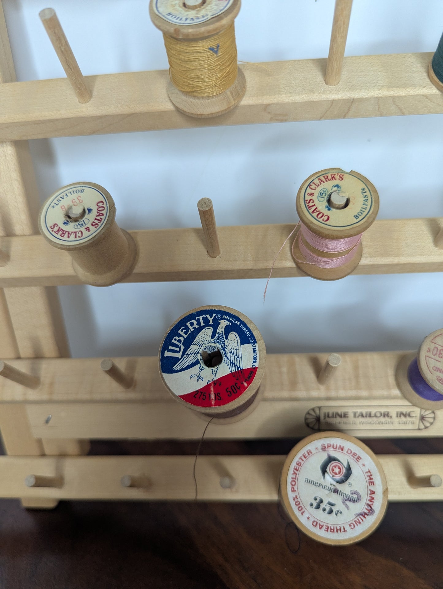 June Tailor Wooden Thread Stand with Vintage Wooden Thread Spools