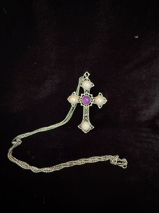 Sara Coventry Crusader 1971 Cross Necklace Pearl, Cabochan