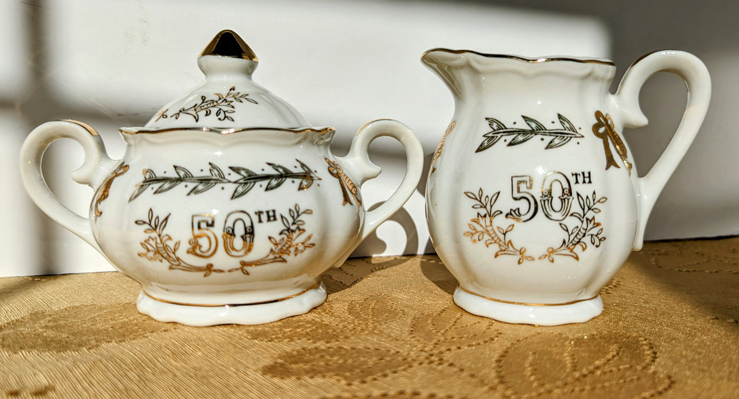 Vintage Lefton China 50th Wedding Anniversary Sugar/Creamer, Cup/Saucer Sets (5 pieces)