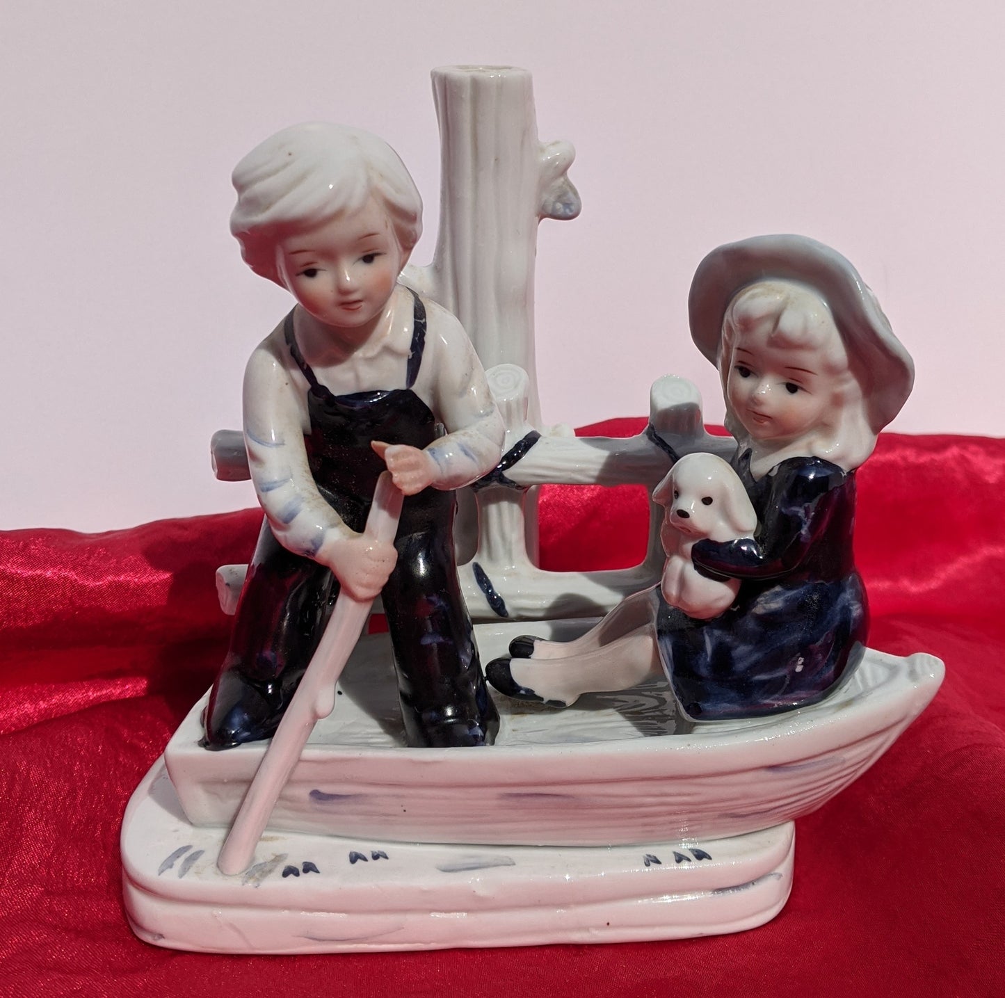 Blue Boy and Girl on Boat Vintage Figurine