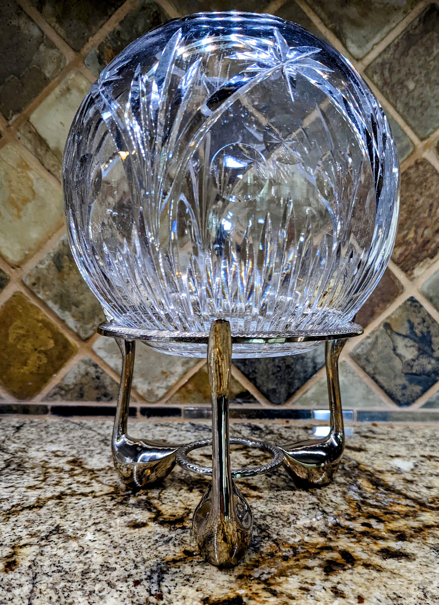 Crystal Rose Bowl with Swan Stand