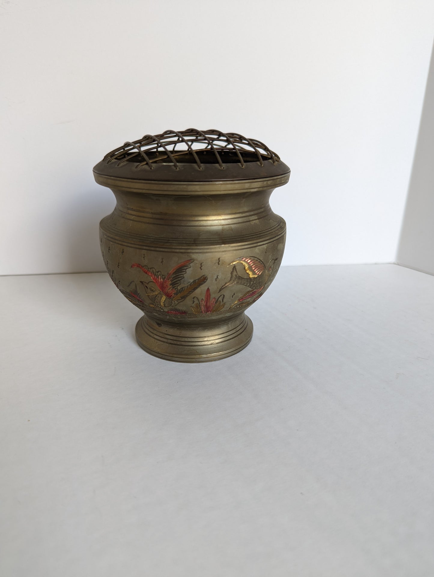 Engraved Brass Floral Frog Vase