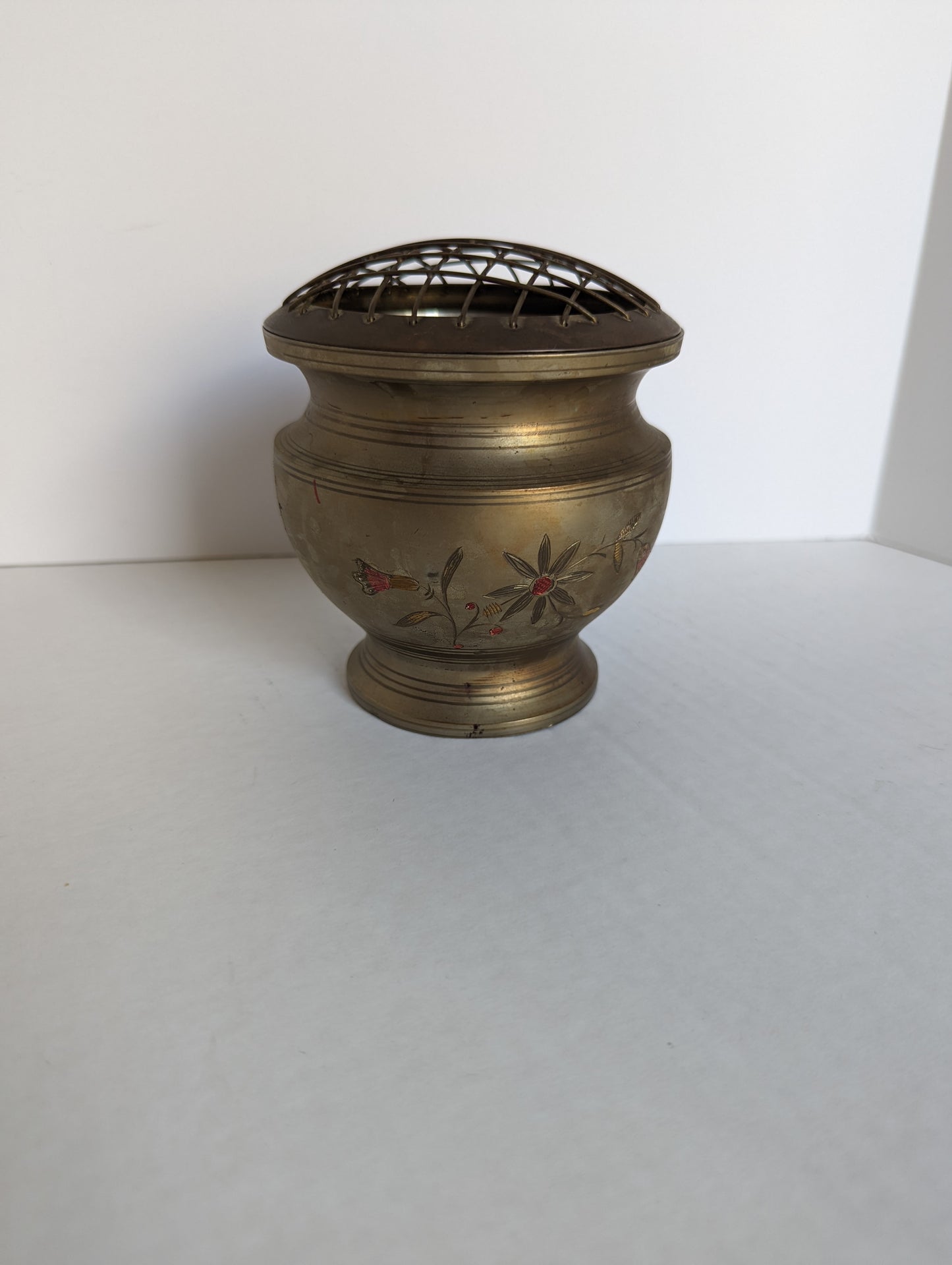 Engraved Brass Floral Frog Vase