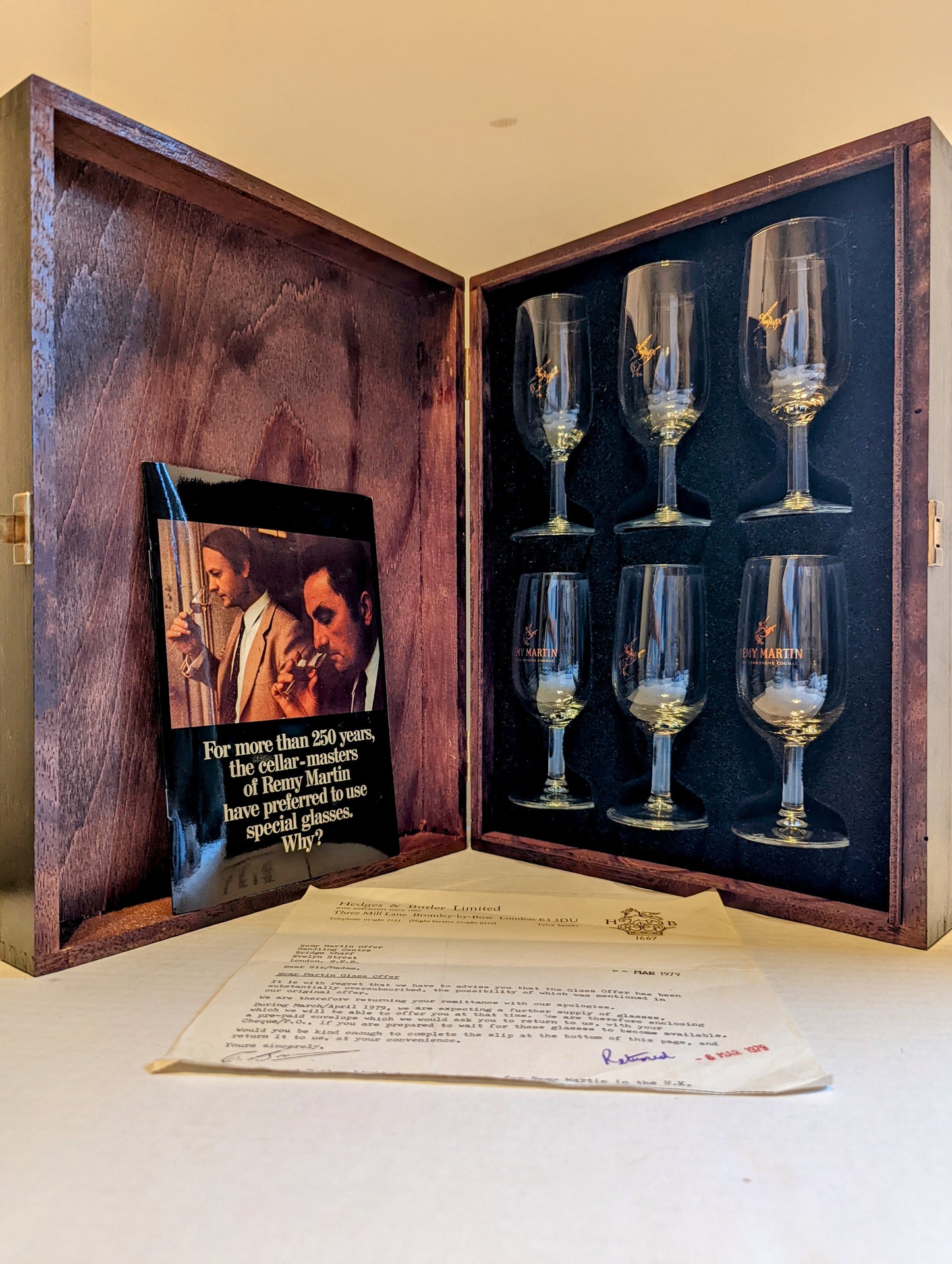 Remi Martin Vintage Cellarmaster Glasses in Wooden Box 1970's