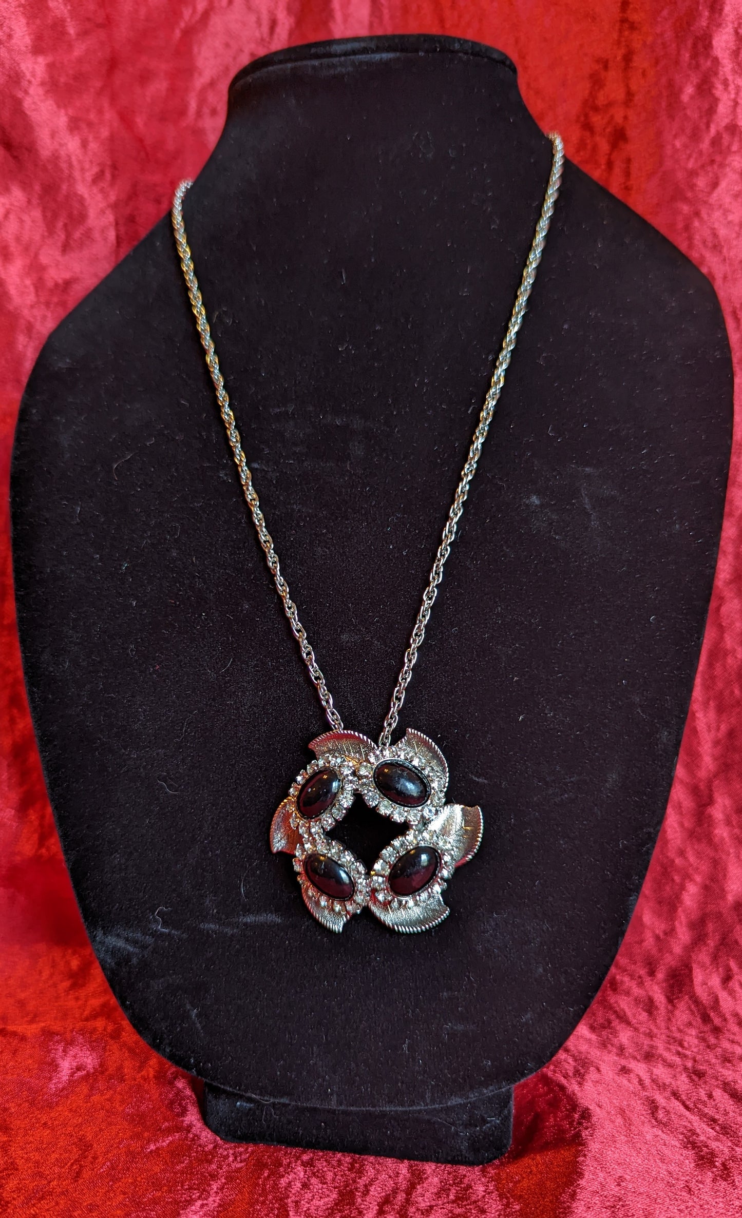 Silver Tone Floral Pendant Necklace with Black Glass Cabochon
