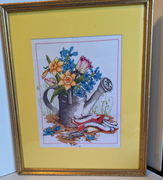 "The Watering Can" C568 Vintage Framed/ Matted Cross Stitch