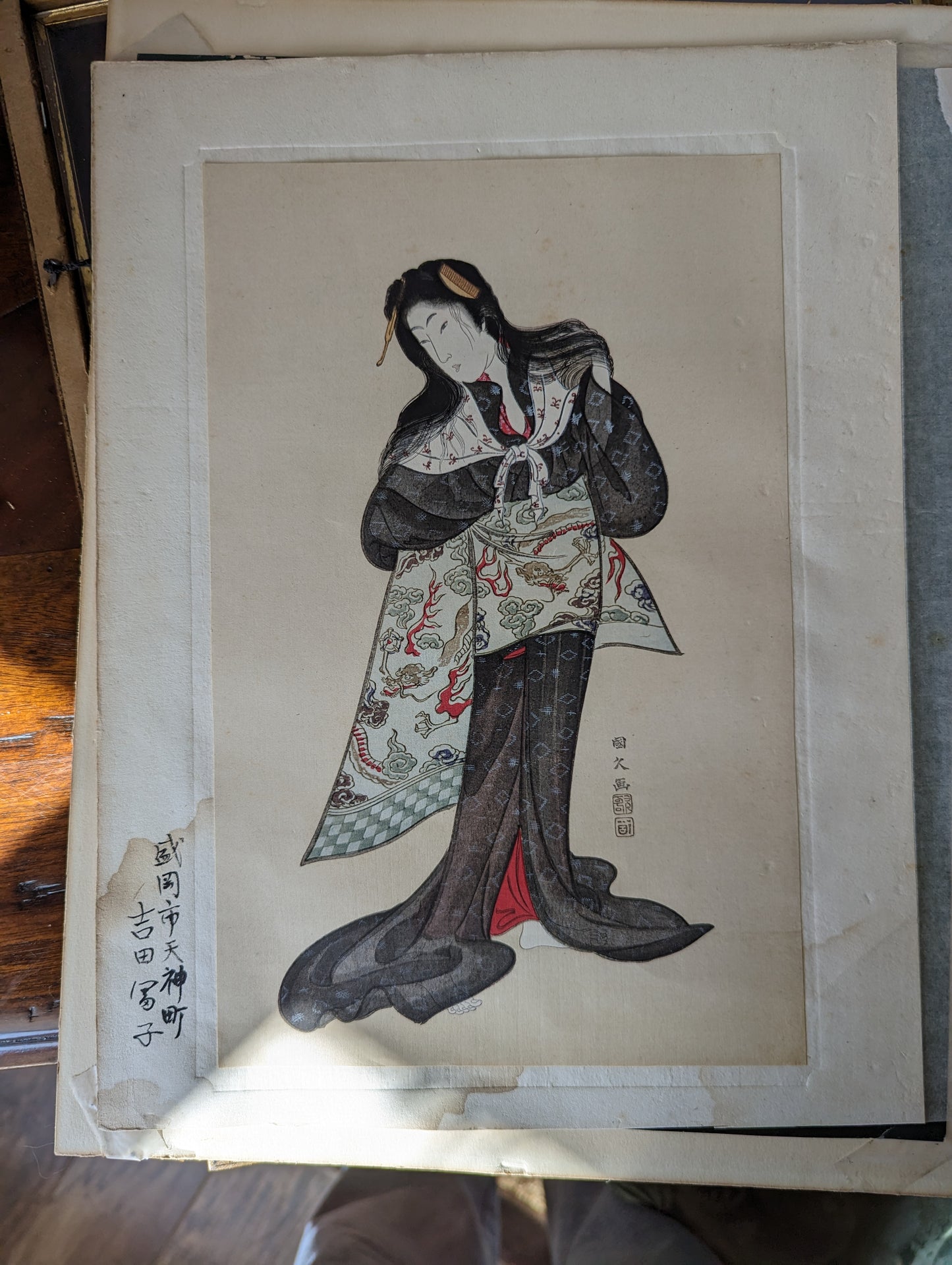 Antique Wood Block Print "Washed Hair" by Kunihisa Utagawa, 1800's