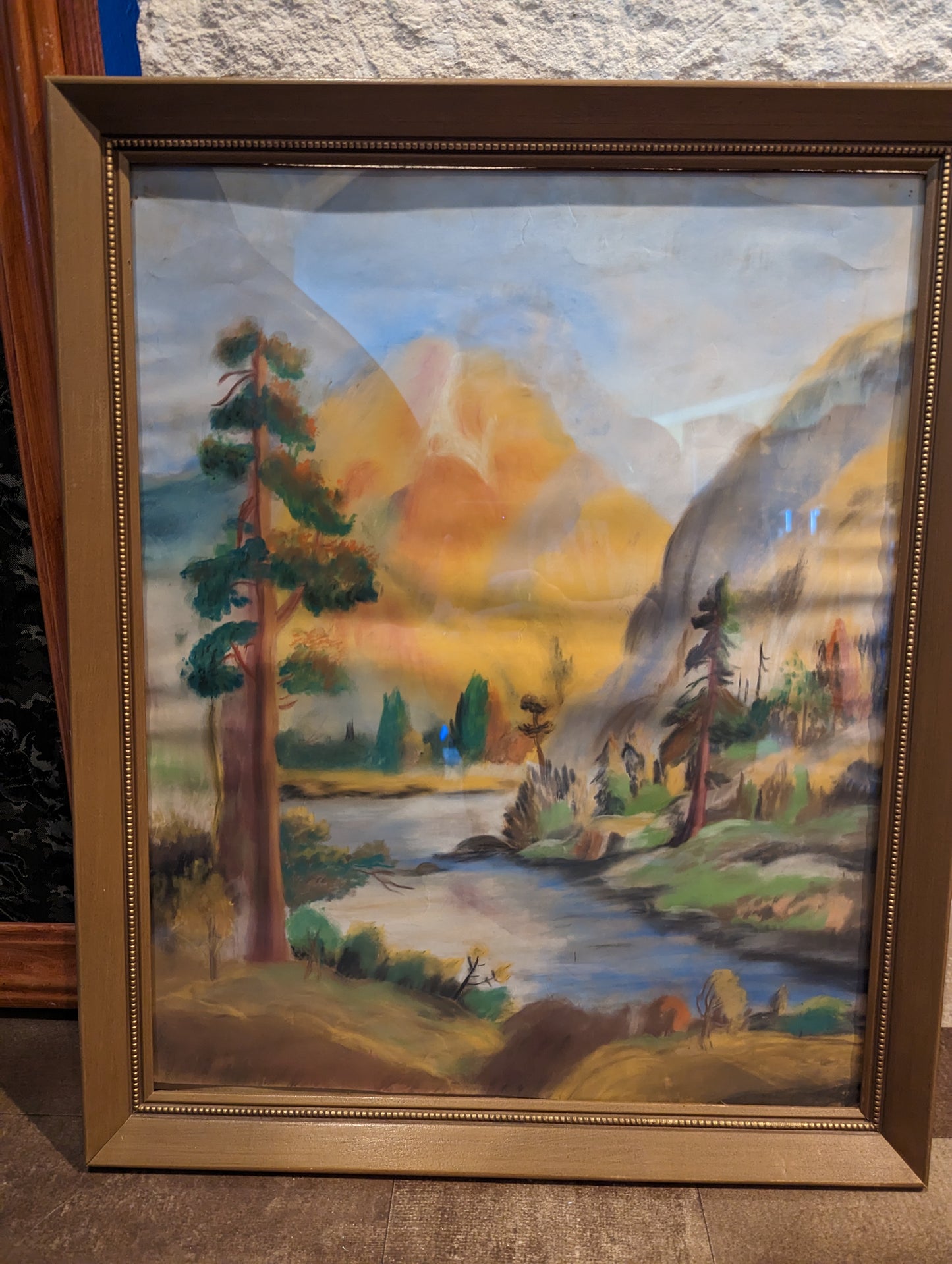 Vintage Chalk Pastel Painting Mountain Scene