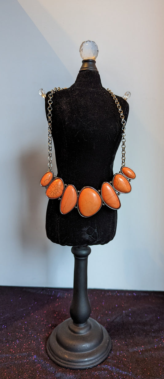 Statement Necklace Salmon Colored Stones w/Silver