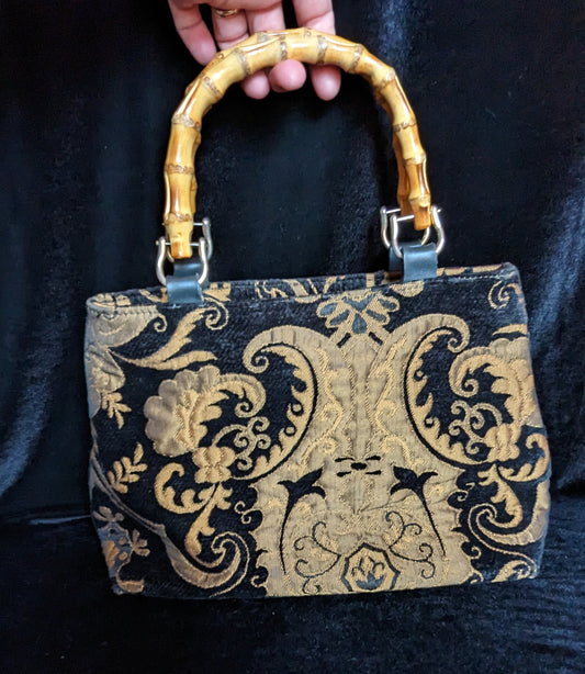 Carpet Bag Look Black and Gold Handbag