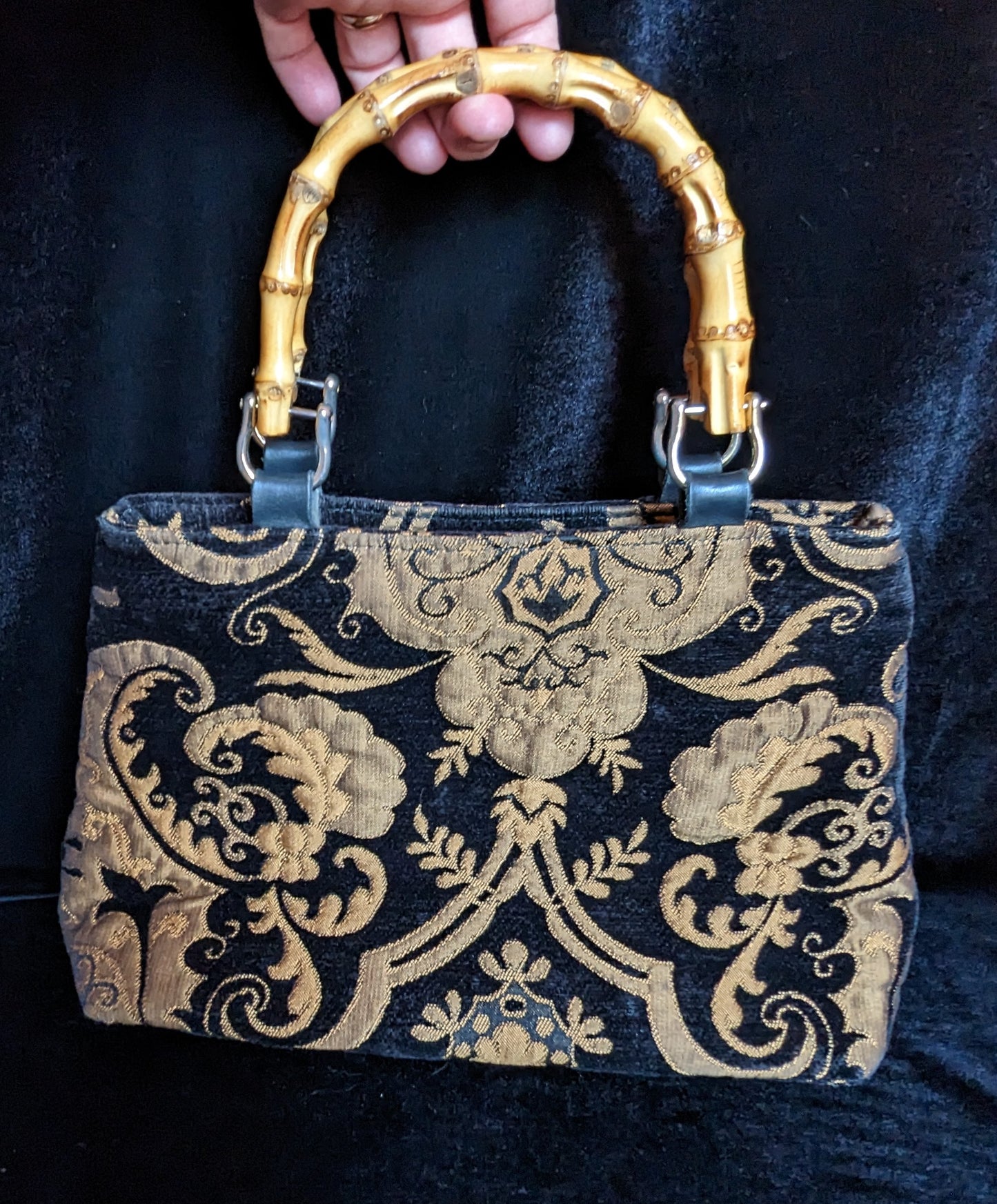 Carpet Bag Look Black and Gold Handbag