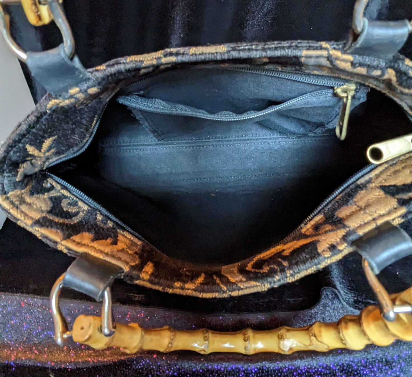 Carpet Bag Look Black and Gold Handbag