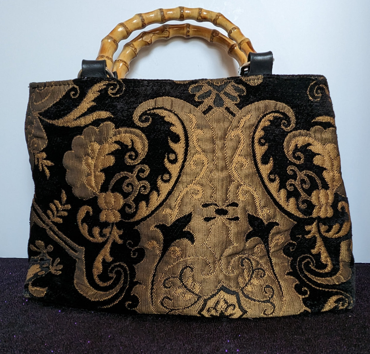 Carpet Bag Look Black and Gold Handbag