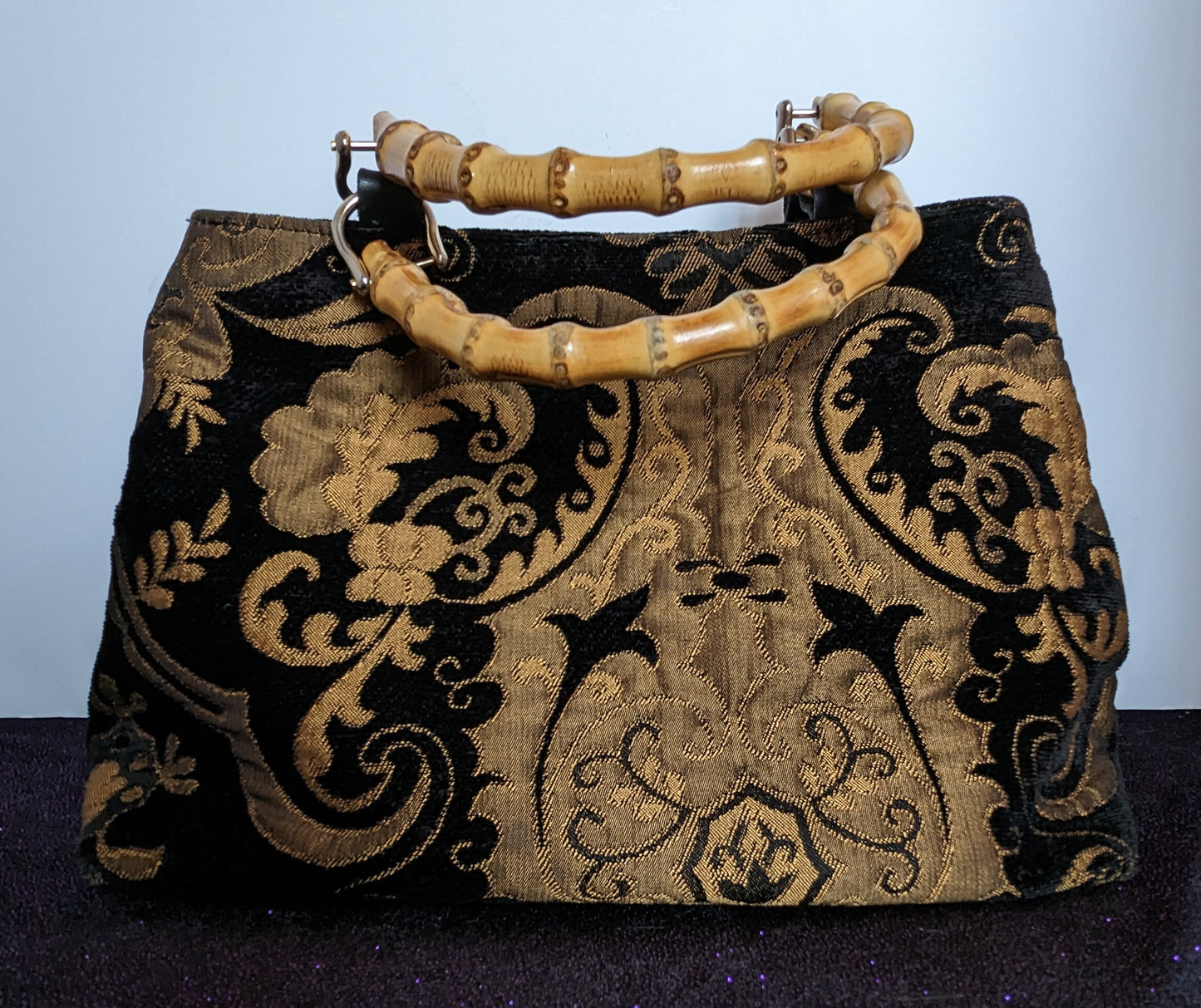 Carpet Bag Look Black and Gold Handbag