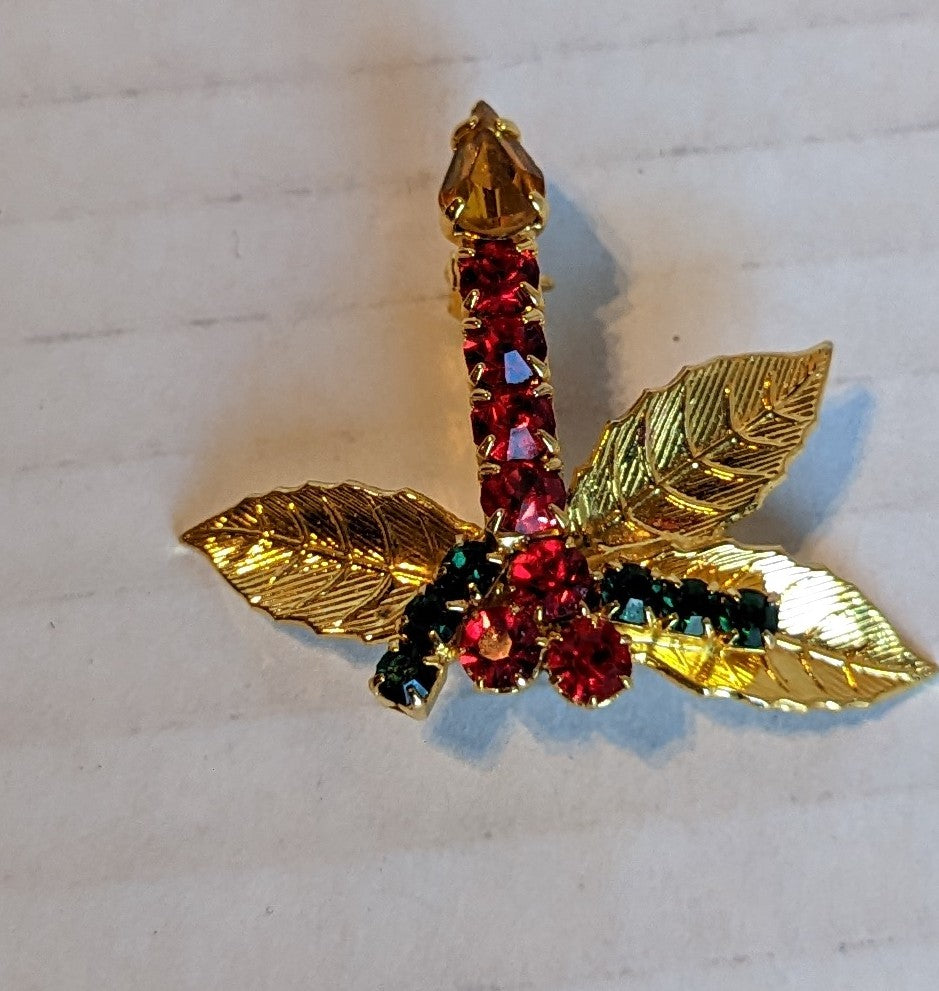 Christmas Candle/Holly Rhinestone Brooch Vintage